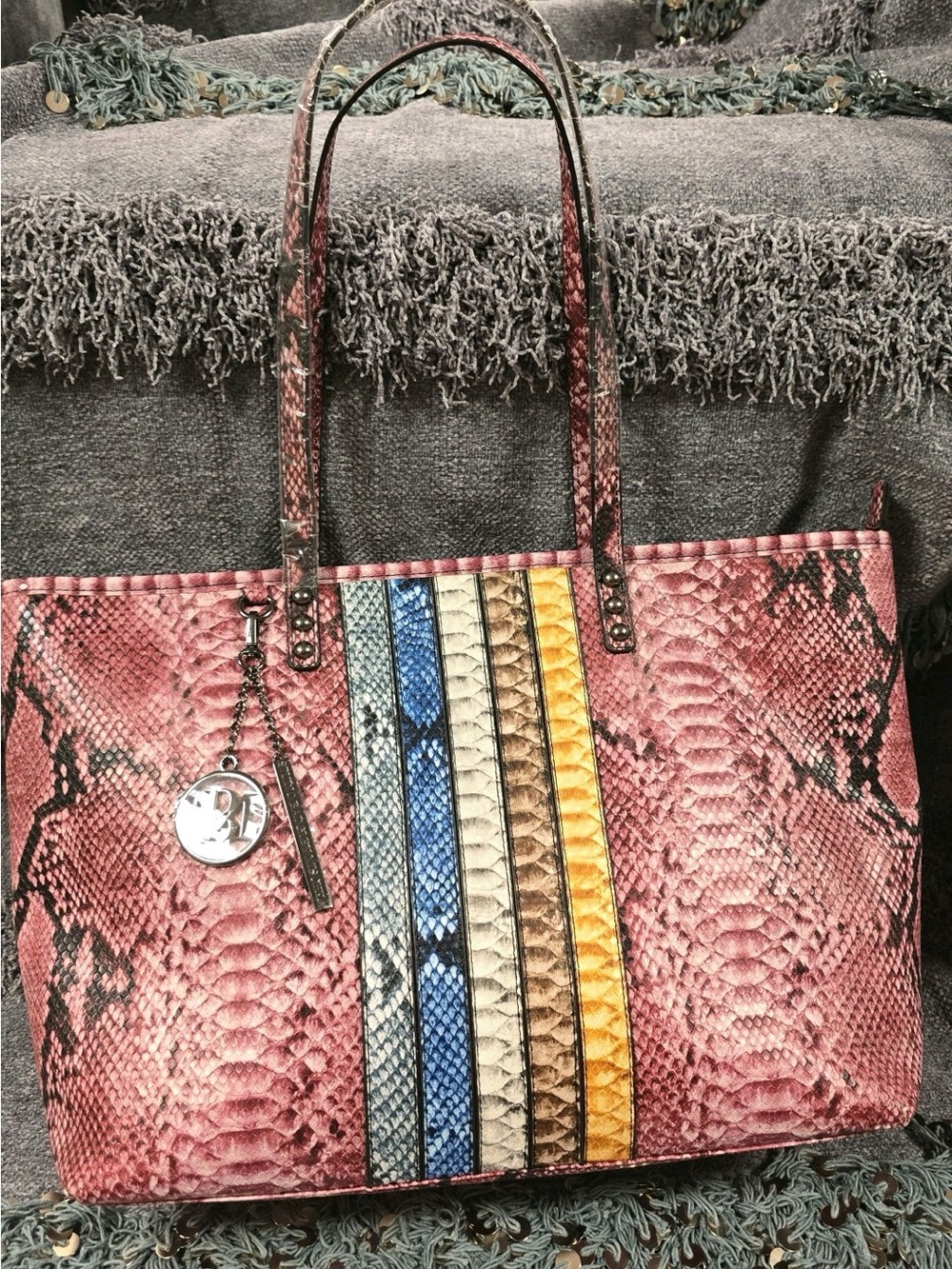 Badgley Mischka Pink nwt Snake-Print Tote with Multicolor Stripe Panel
